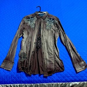 BUCKLE-ROAR men’s LS button down, size large, slim fit. Black/teal stitching.